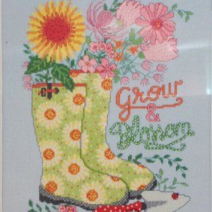 Counted Cross Stitch KIT Rain Boots Flowers Spring Unused New Old Stock